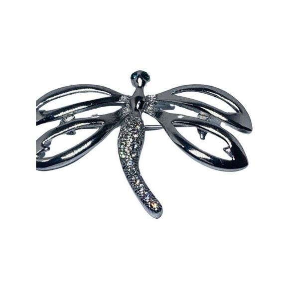 Shimmering Crystal Rhinestone Dragon Fly Vintage Silver Tone Brooch Pin 2.75” - Picture 7 of 15